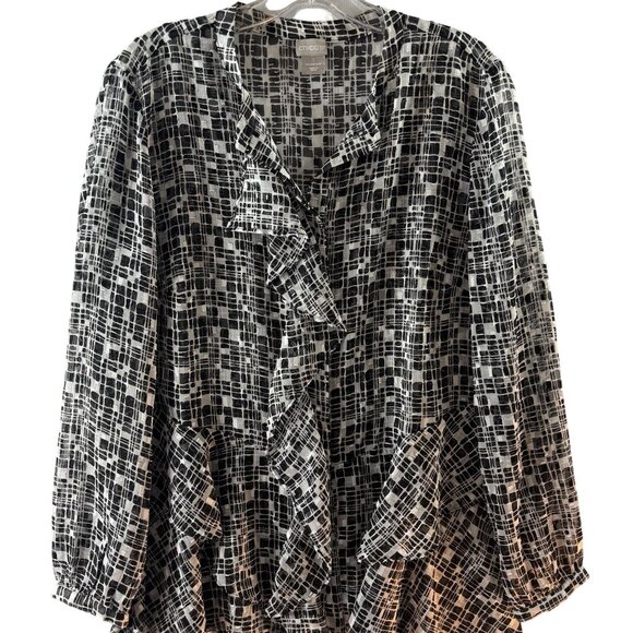 Chicos Black & White Geometric Ruffle Blouse Size 1 = M Sheer Lightweight - Picture 2 of 11